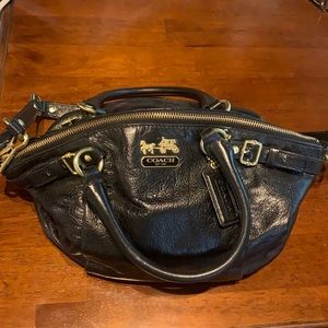 Coach black leather handbag. Approximate dimensions: 12in x 8in x 8in.